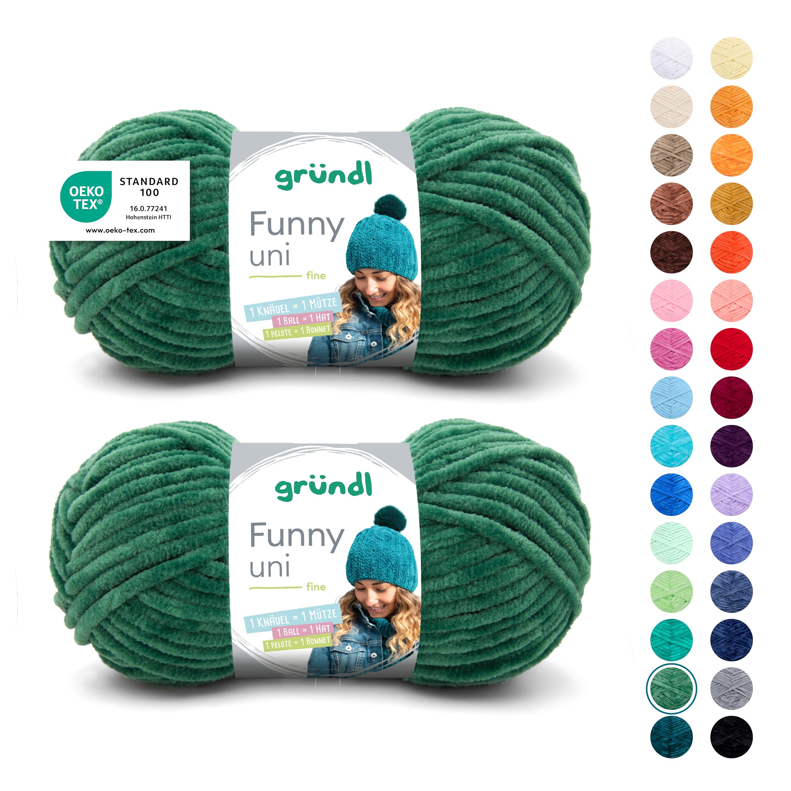 Gründl Funny Lana Ciniglia Morbida Verde Scuro, 2 Gomitoli Da 100g Per Uncinetto E Maglia, 100% Poliestere, Ferri 5-6, Oeko-Tex
