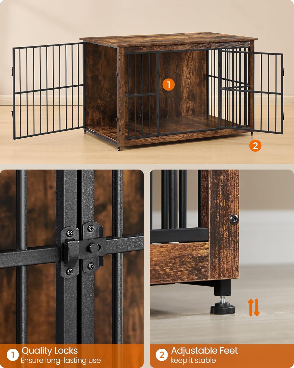 Feandrea Wooden Dog Crate Furniture, 48 Inches Heavy-Duty Kennel for Dogs up to 110 lb, with Double Doors and Enclosed Wood Base, Modern Pet Cage End Table Indoor, Rustic Brown