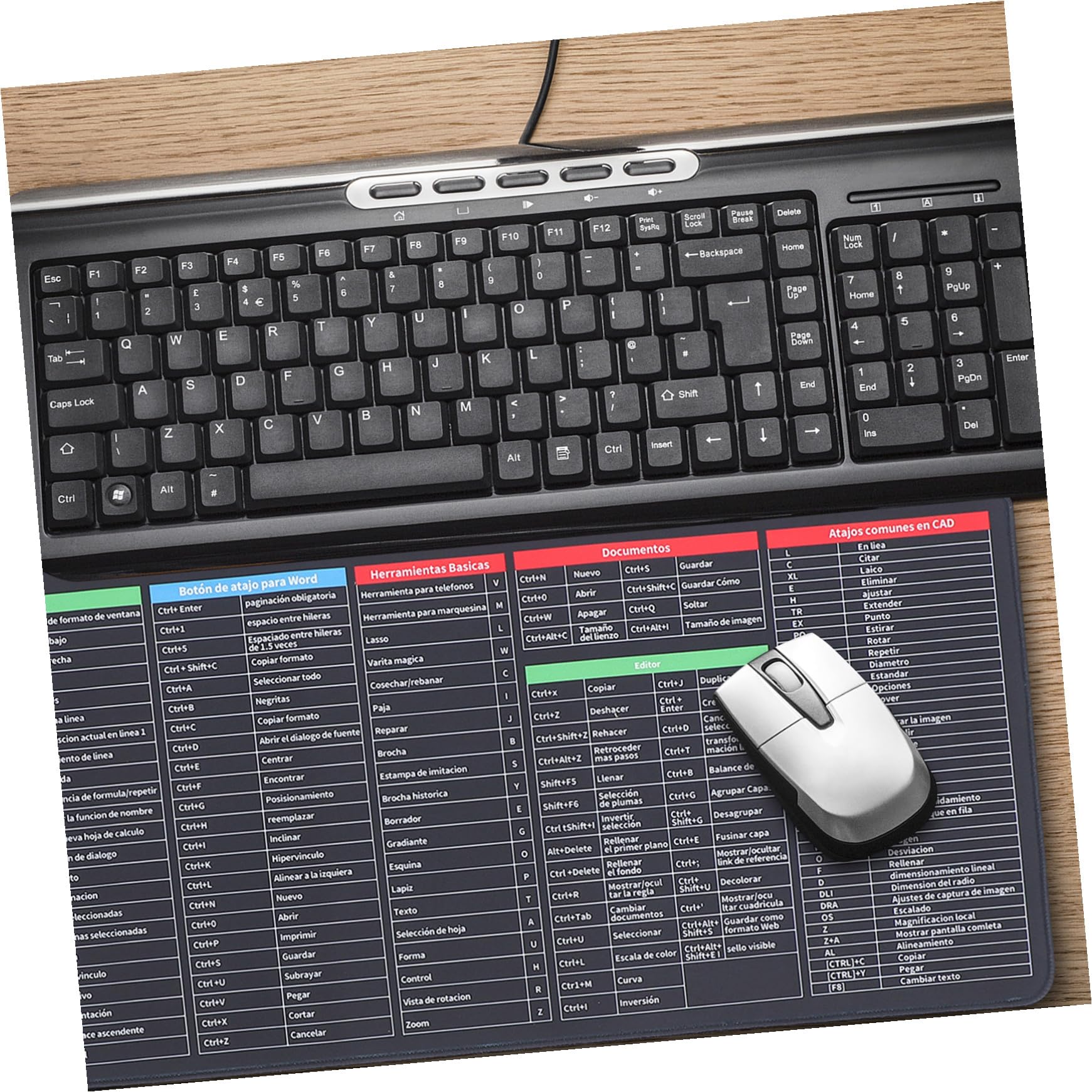 Tappetino per Mouse e Tastiera Scorciatoie da Tastiera in Spagnolo 31 X 12 Pollici in Gomma e Tessuto Antiscivolo per Scrivania Gaming e Studenti