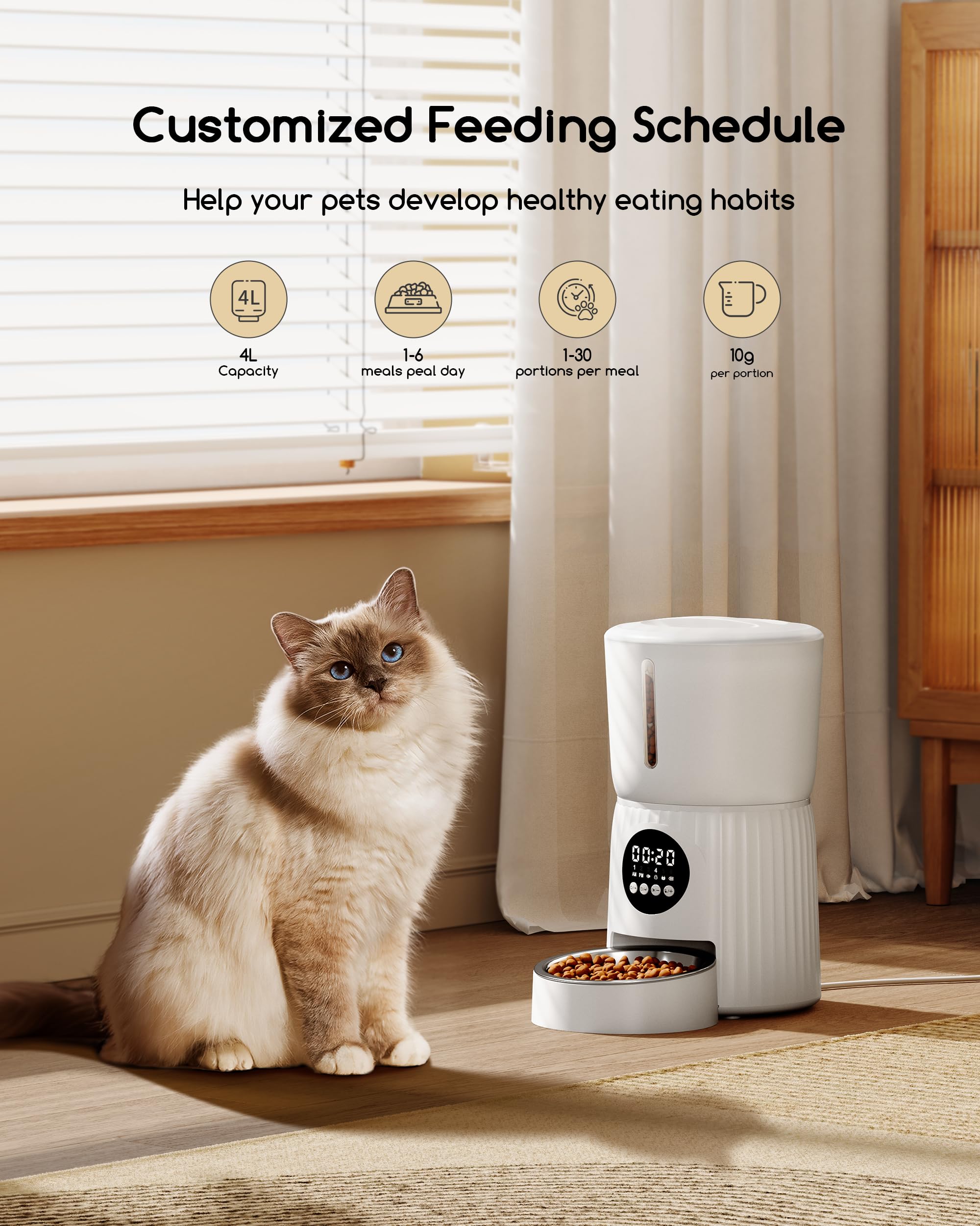 Faroro 4L Distributeur Croquettes Chat Automatique, Mangeoire pour Chat Chien avec Gamelle en Acier Inoxydable, Minuterie Programmable et Enregistreur 30s Vocal, 1 à 6 Repas par Jour (Blanc)