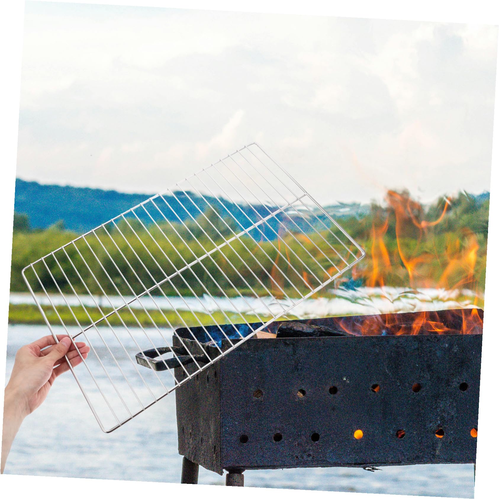 Griglia per fornello da campeggio in acciaio inox, griglia per barbecue a rete per cucinare all'aperto, ideale per picnic, barbecue, carne, verdure e pesce, accessorio portatile per grigliare