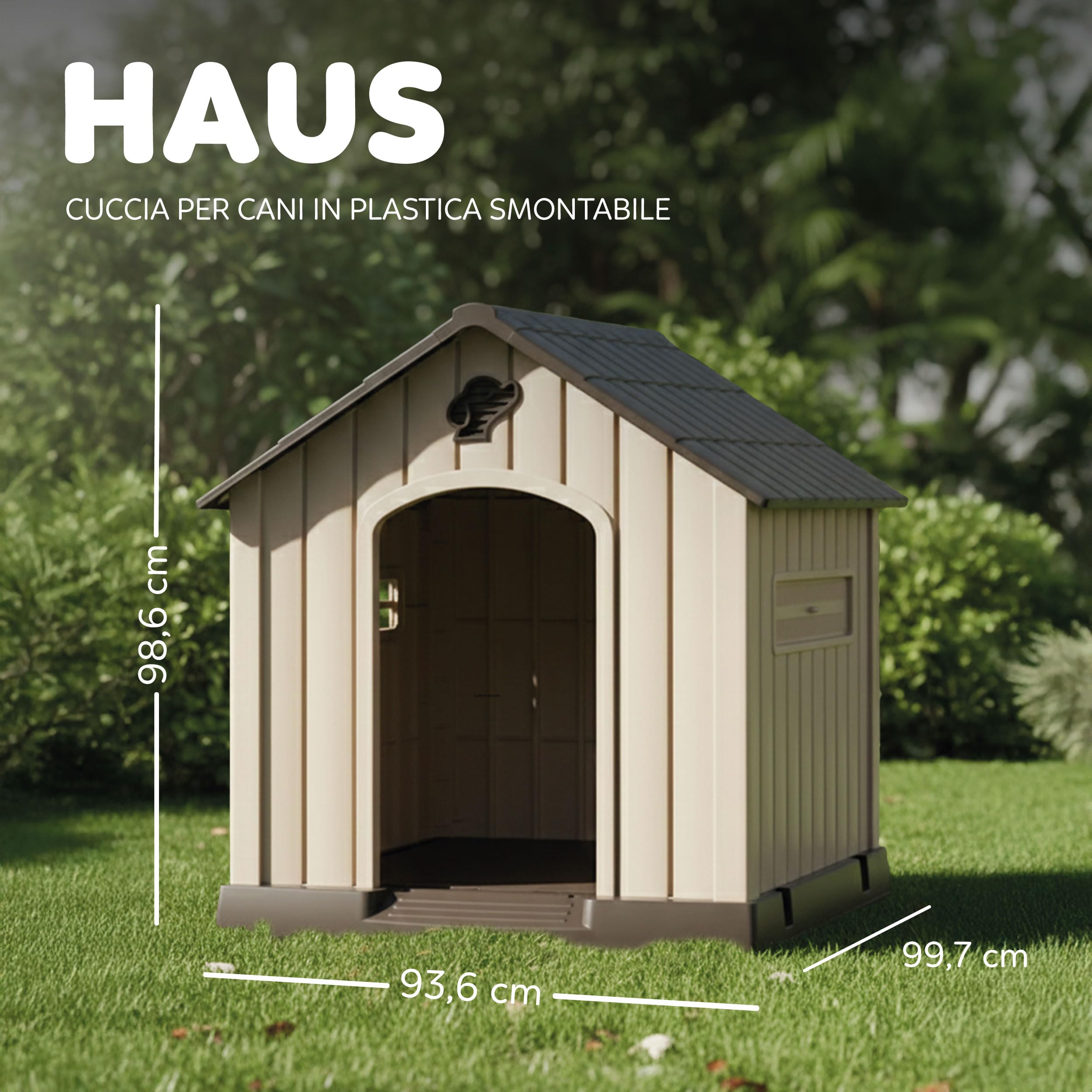 Aqpet Cuccia per Cani in Plastica Impermeabile da Esterno e Interno – Casetta con Pavimento Rialzato e Sistema di Ventilazione – Rifugio Resistente per Cani di taglia Grande 93x99x98hcm