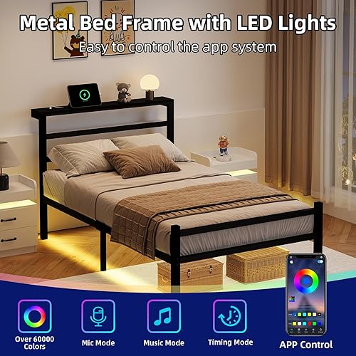 Miniatura 3 de Marco de cama individual para niños, marco de cama de plataforma de metal tamaño individual con estación de carga y luces LED, estante de