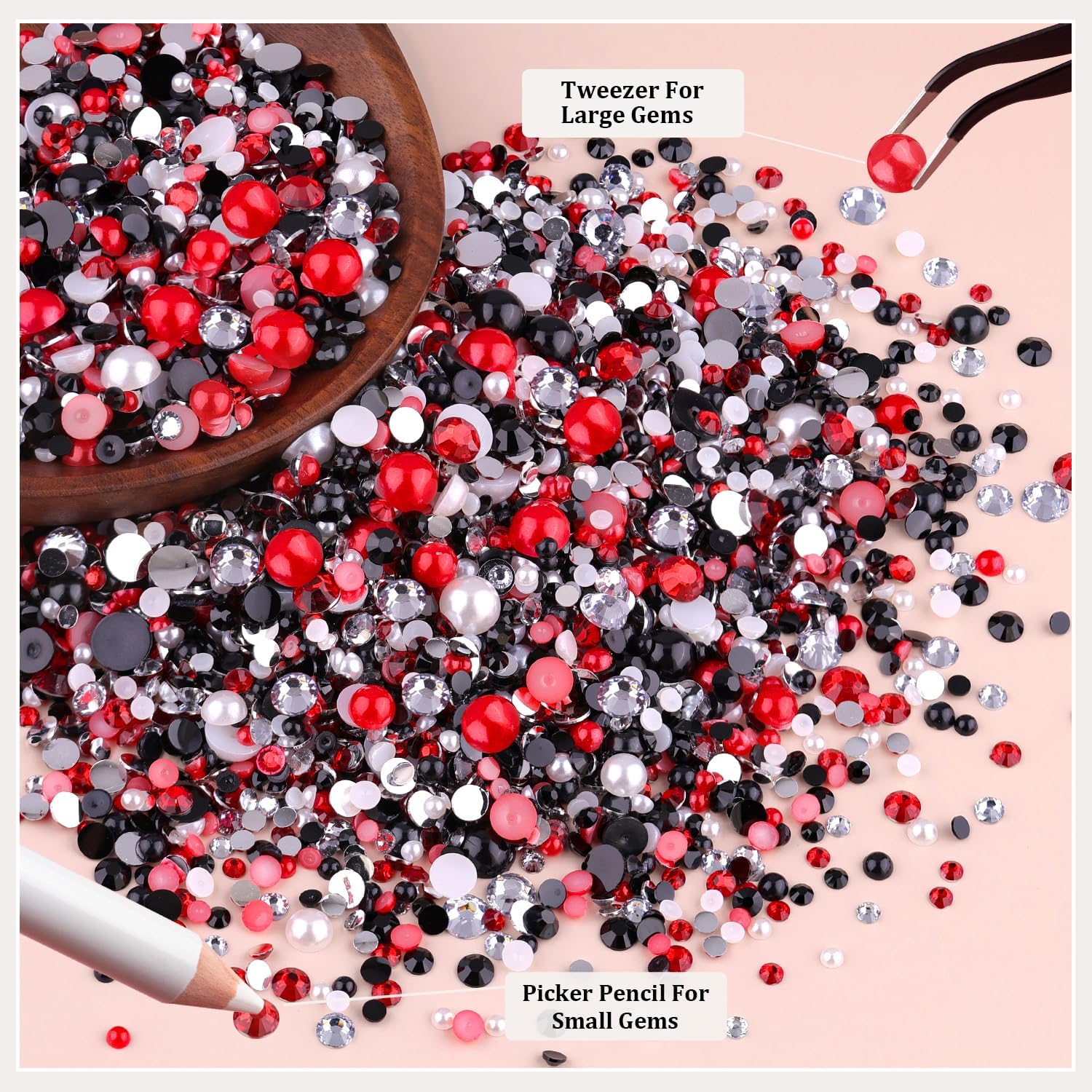 14000PCS Flatback Pearls and Rhinestones for Bedazzling, Red White Black Mixed Size 3-10mm Resin Rhinestones Gems and Half Pearls for Crafting, Nail Art Crafts Decoration - Image 4