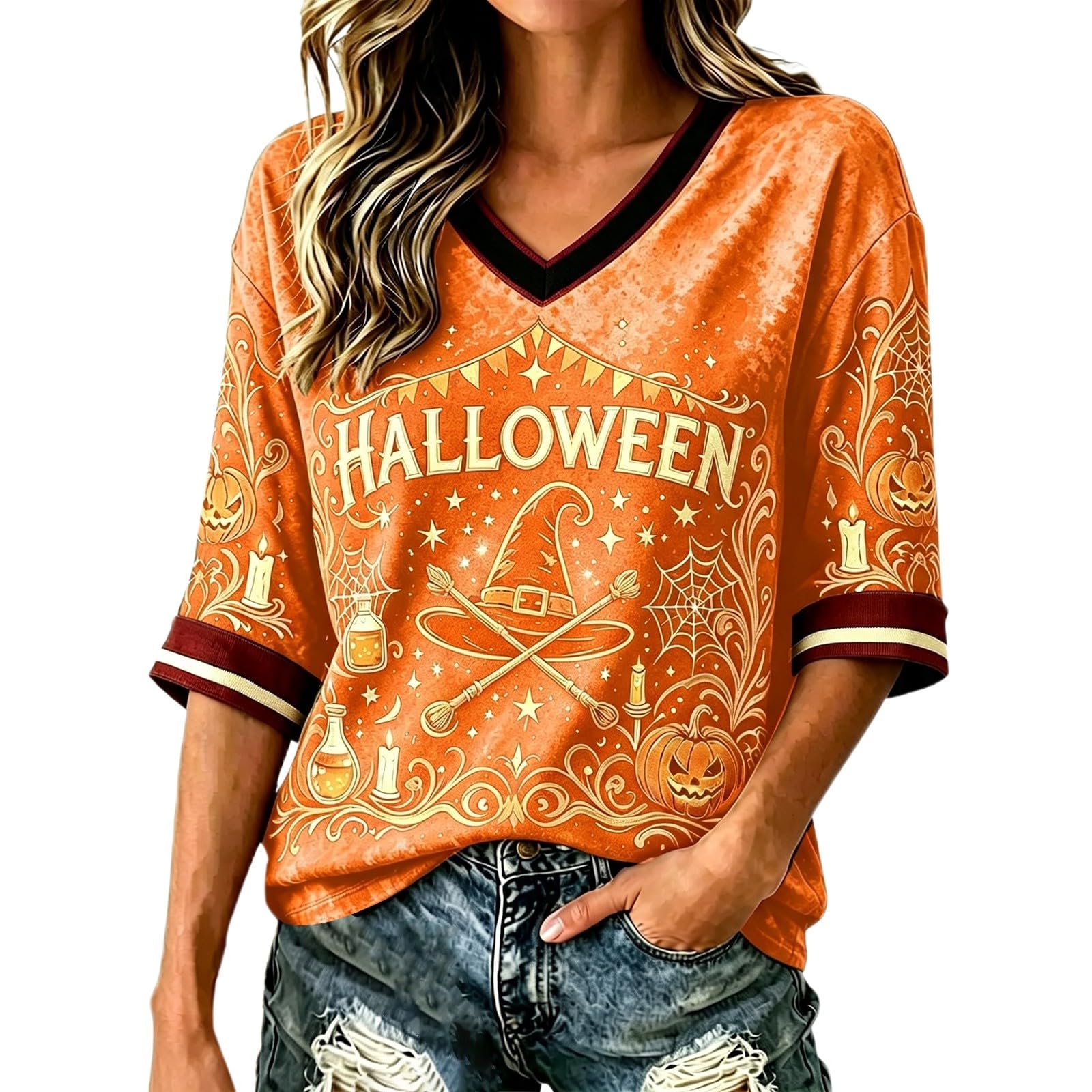 Salem Broom Co Halloween Shirts Women 3/4 Sleeve Vintage Witch Tops Funny Halloween Costumes Casual V Neck Witch Tee Shirts Novelty Fashion Festival Party Clothes (Z02-Orange #1, L)