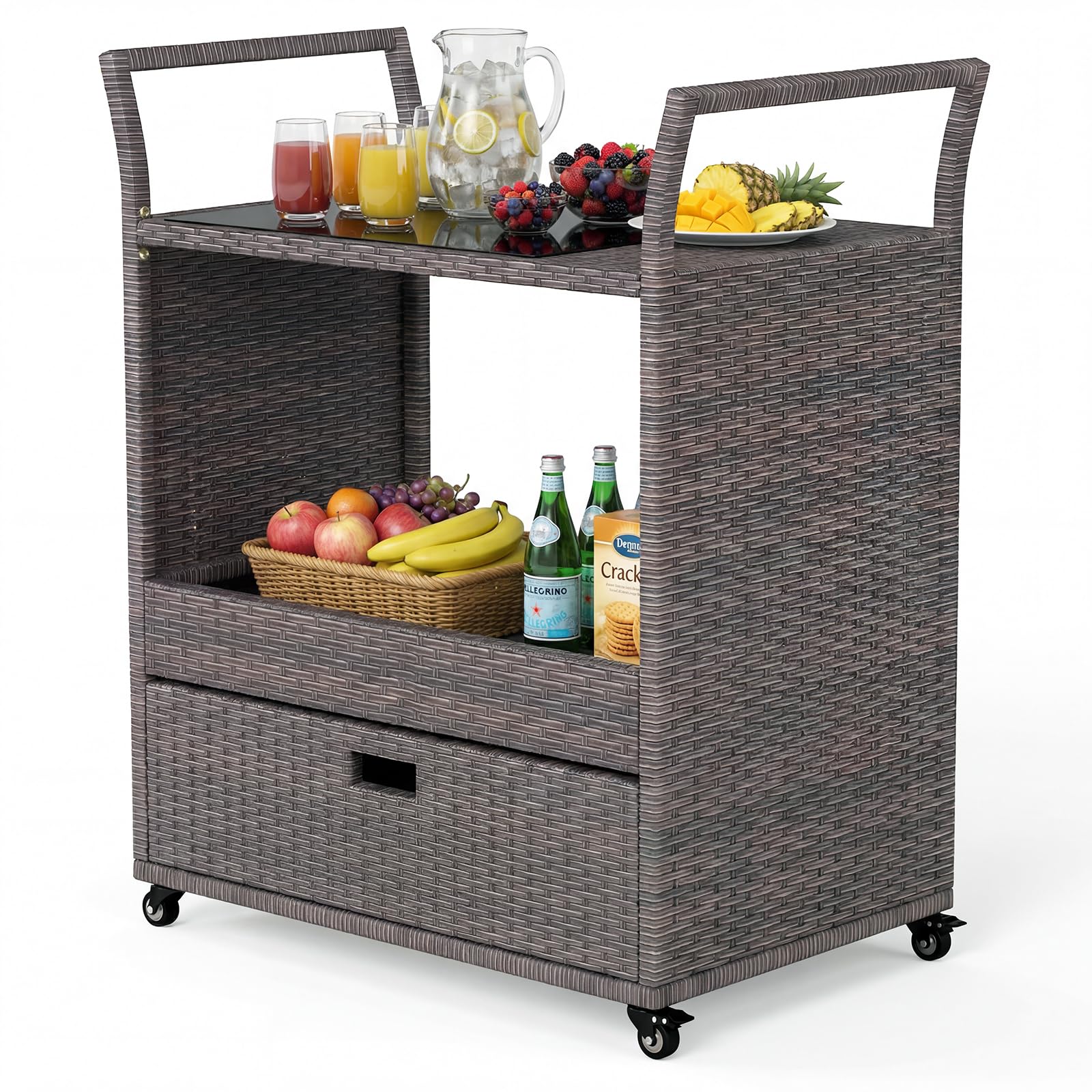 SOARS Carrello Bar in Rattan PE, Tavolo Bar da Esterno con Ruote, Ripiano Aperto, Cassetto e Piano in Vetro Temperato, Carrello di Servizio con Maniglie per Giardino, Cortile, Piscina, 85 X 47 X 92 CM