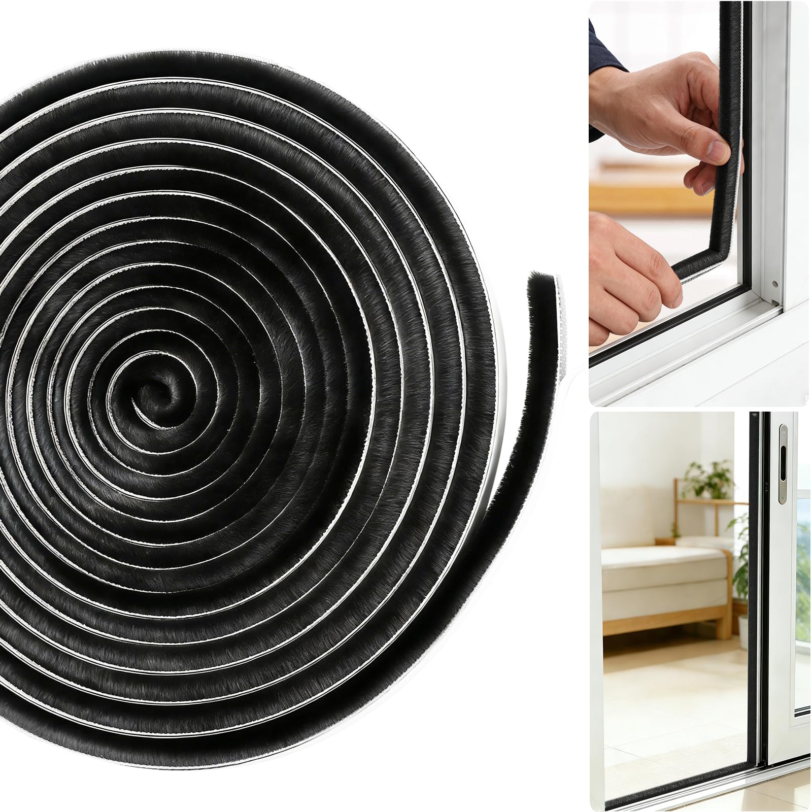 Draught Excluder for Doors and Windows, 6M Self Adhesive Brush Weather Stripping, 9mm x 9mm High Density Pile Seal Strip for Sliding Door- Windproof, Soundproof & Energy Saving (Black, 9mm*5mm*6m)