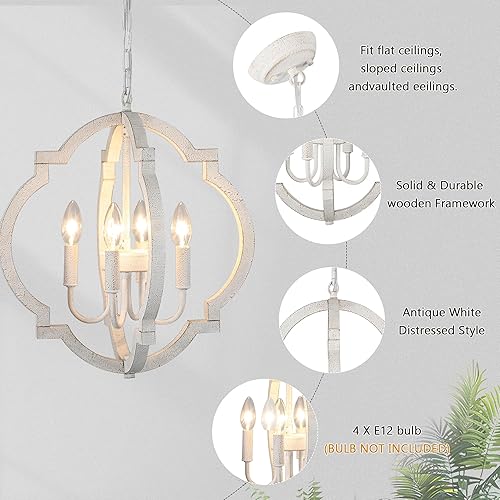 Miniatura 8 de Lámpara de araña blanca para comedor - Lámpara colgante moderna de 4 luces, luces colgantes de madera rústica para cocina, isla, sala de estar,