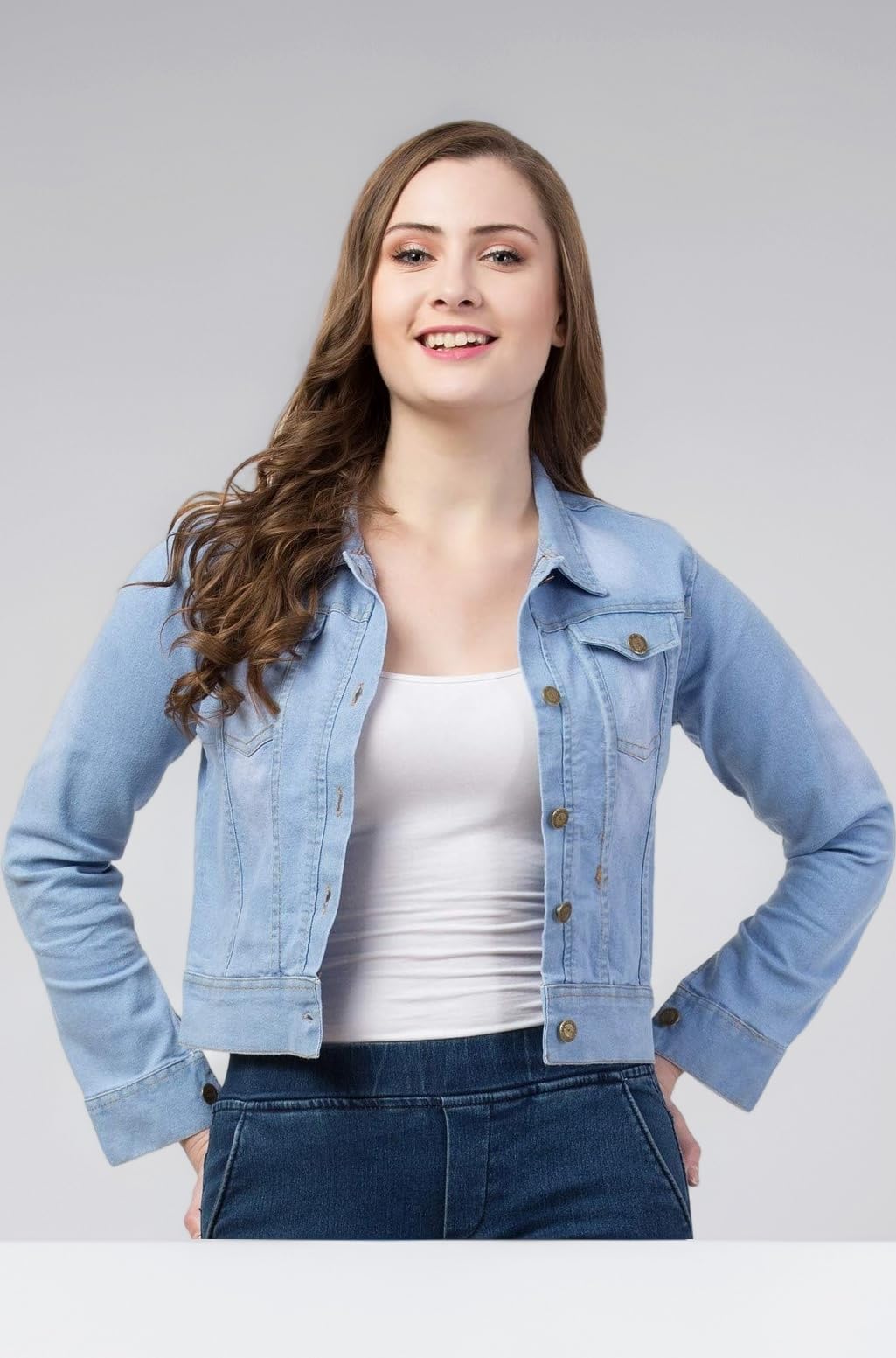 Womens Denim Standard Length Full Sleeve Solid Jacket