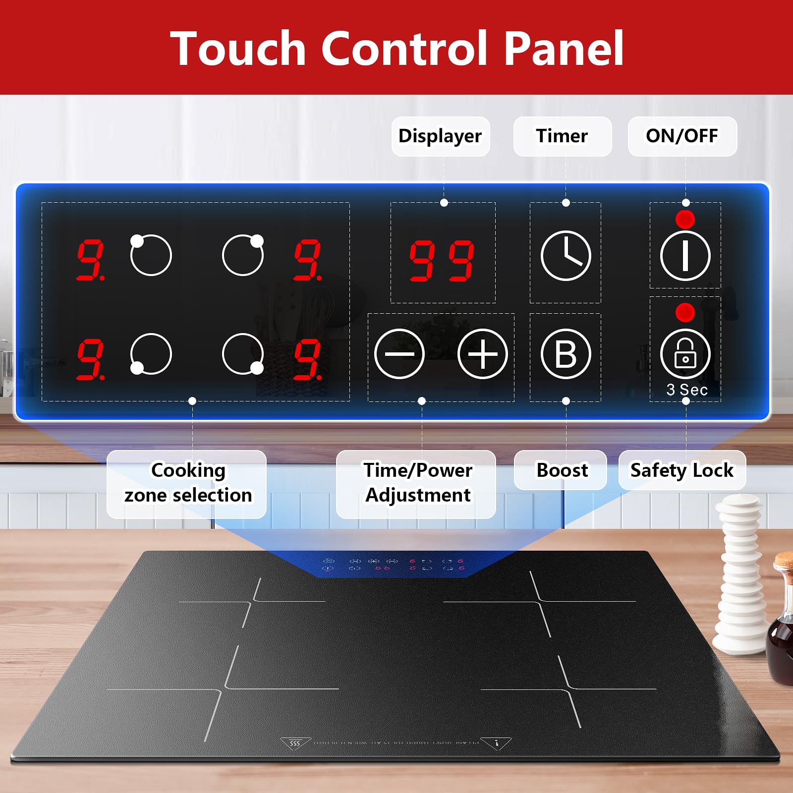 Induktionskochfeld 4 Platten 60 cm 6000W Booster Touch-Bedienung 9 Leistungsstufen Timer Kindersicherung 220-240V
