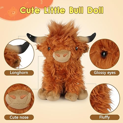 Miniatura 7 de OROZCOR Animal de Peluche de Vaca Highland, Lindos Juguetes de Figuras de Peluche de Vaca Esponjosa, Decoración de Peluche de Ganado Highland de