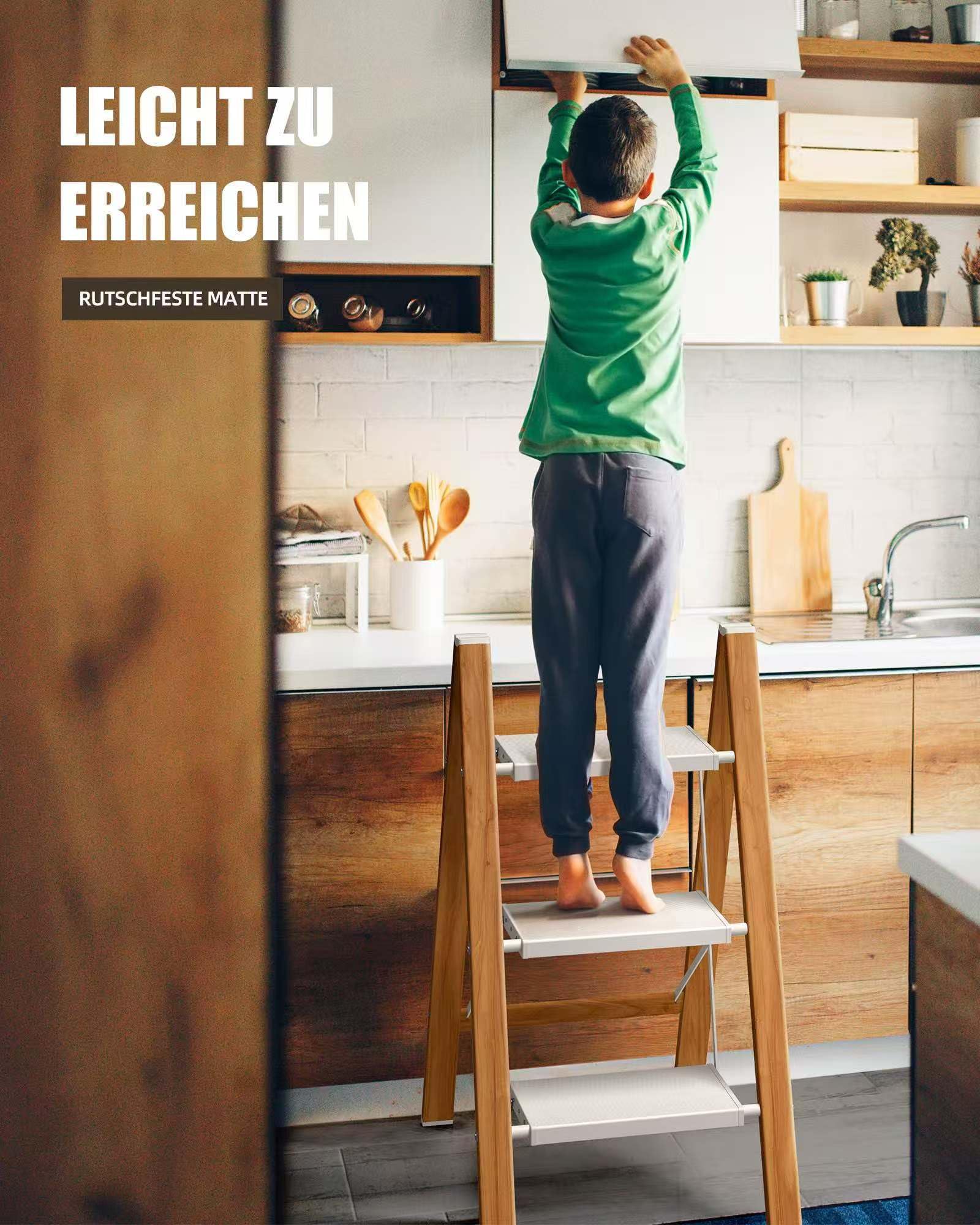 Trittleiter 3 Stufen klappbar,150 kg Kapazität mit Anti-Rutsch-Pedal,Tragbarer Tritthocker aus Alu,einfach zu verstauen,Innen- und Außenbereich, ästhetisches Aussehen,Weiß Holz Look