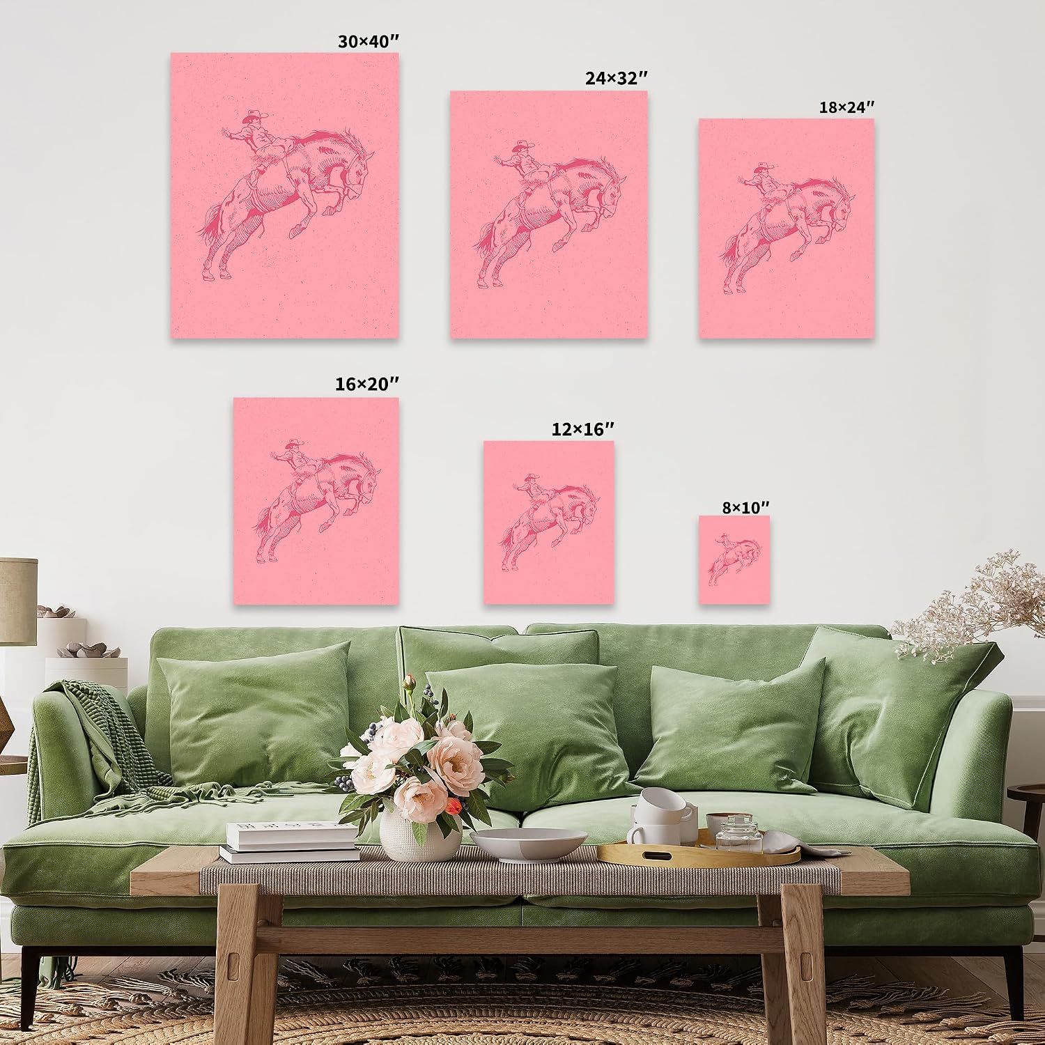 Poster Master Cowboy on Bucking Horse Canvas - Retro Pink Rodeo Print - Western Art - Wild West Art - Gift for Him & Her - Decor for Ranch, Barn or Living Room - 8x10 STRETCHED Canvas