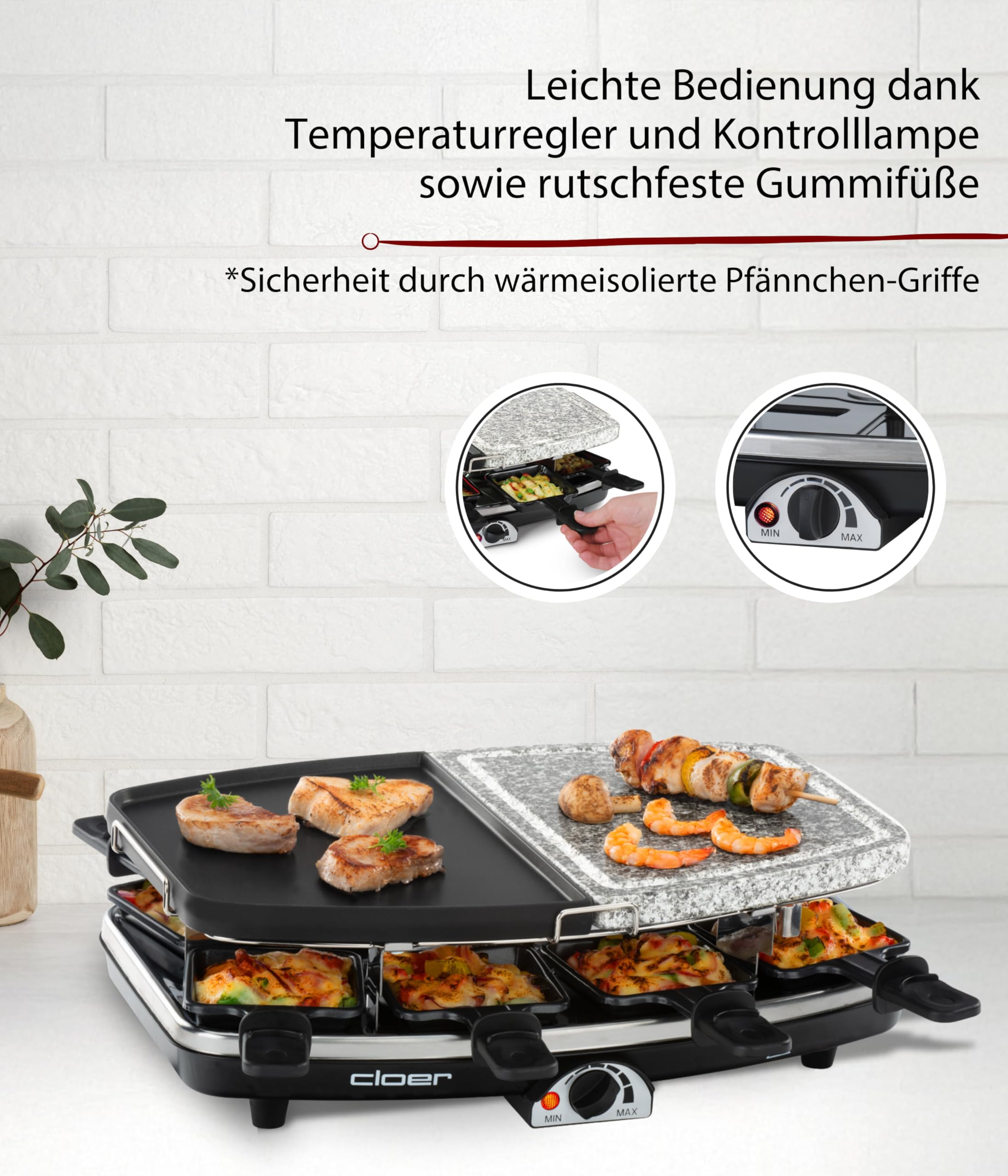 Cloer 6435 Raclette mit Naturstein 1200 W 8 antihaftbeschichtete Raclettepfännchen
