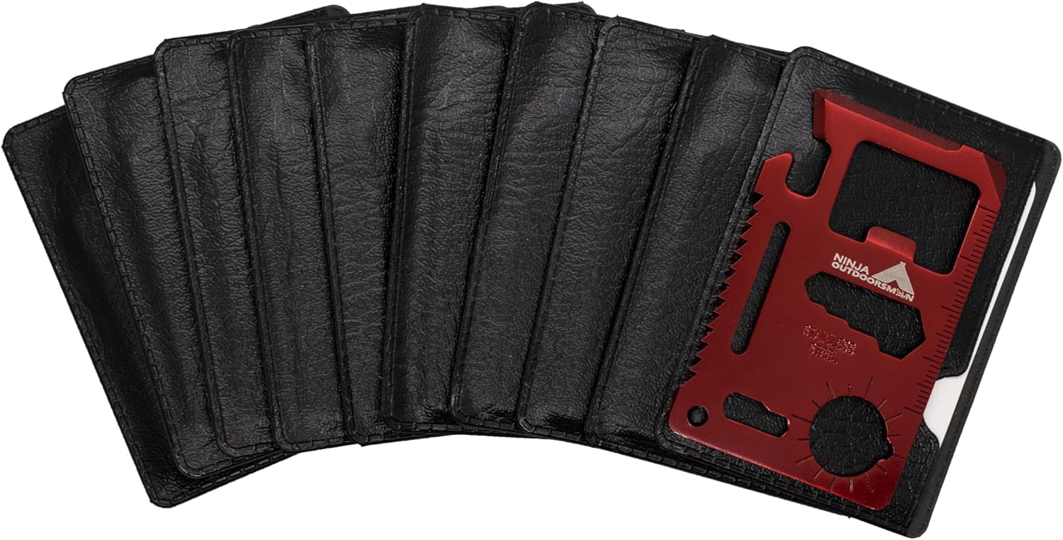 (10 Pack, Red) Ninja Outdoorsman 11 in 1 Stainless Steel Credit Card Pocket Sized Survival Multi Functional Tool - Stocking Stuffers, Christmas Gifts Under 10 Dollars