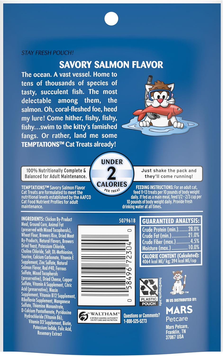 Temptations Cat Treats Classic Crunchy and Soft Cat Treats, Savory Salmon Flavor, 3 oz. Pouches (Pack of 12)