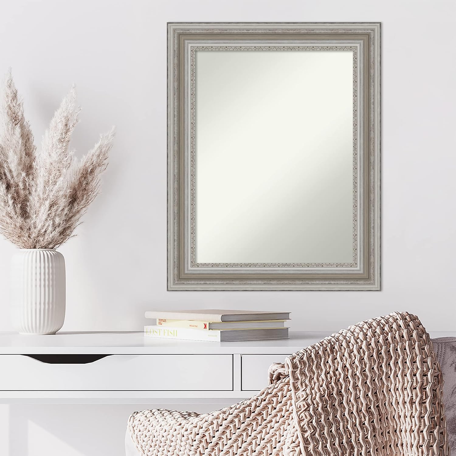 Amanti Art Silver Wall Mirror 30x24 Parlor Silver Rectangle Bathroom Mirror for Wall Decor Living Room, Medium Traditional Frame, Hangs Horizonally and Vertically, Bathroom Decor, Non-Beveled Edge
