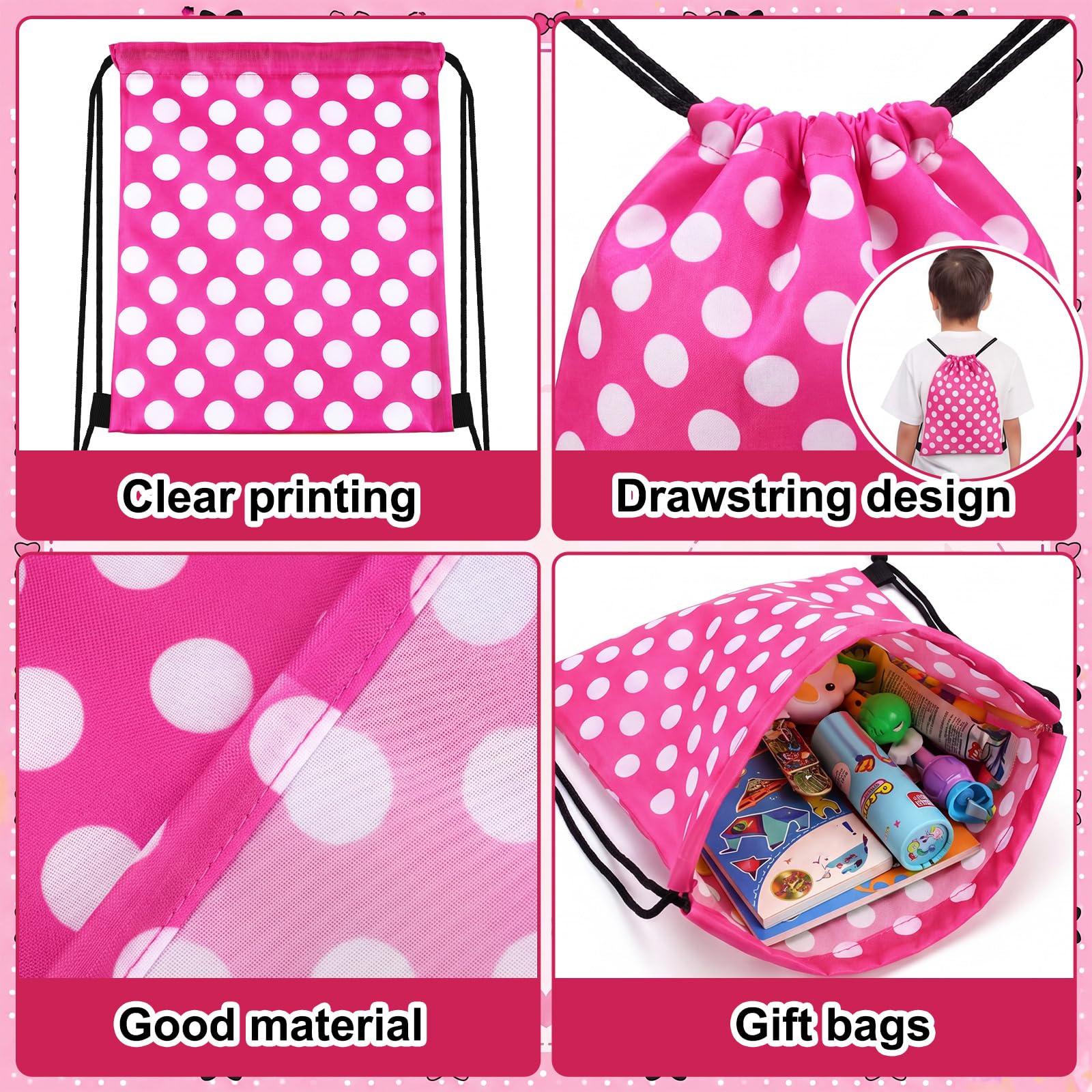 Aliceset 24 Pcs Cartoon Mouse Drawstring Bags Cartoon Birthday Party Favor Gift Goodie Treat Candy Bags Present Double Sided Gift Bag for Mice Birthday Baby Shower, 9.8 x 9.8 Inch(Pink Mouse)
