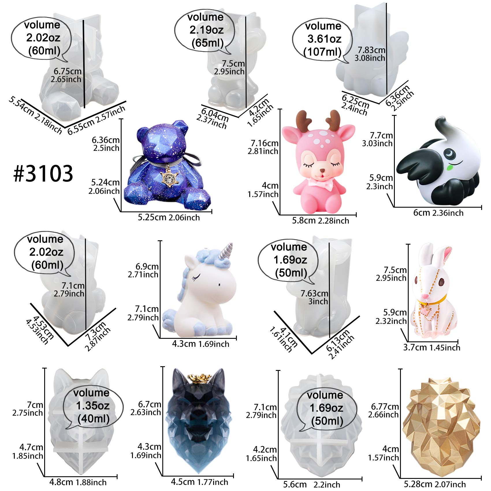 3D Animaux Résine Époxy Silicone Moules Set Porte-Clé Breloque