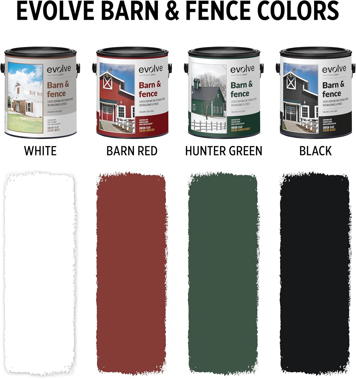 Four paint cans with swatches below them, showing available colors: White, Barn Red, Hunter Green, and Black.