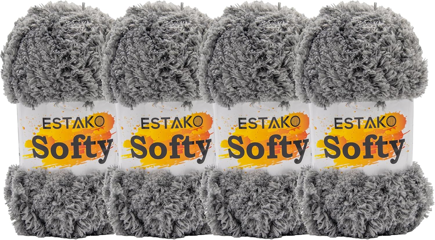 Estako Softy (4 Skeins Pack) 100% Polyester Fluffy Soft Chunky Bulky Weight #5 Yarn for Crocheting and Knitting (4 x 3.52 oz) / (4 x 98 Yds) (9140 - Grey)