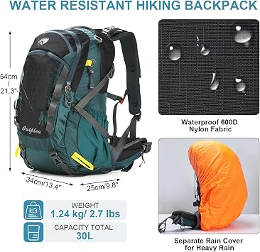Internal Frame Hiking Backpack for Men Women, 40L Waterproof Backpacking Backpack with Suspension System & Rain Cover, Lightweight Travel Camping Backpacks, Green