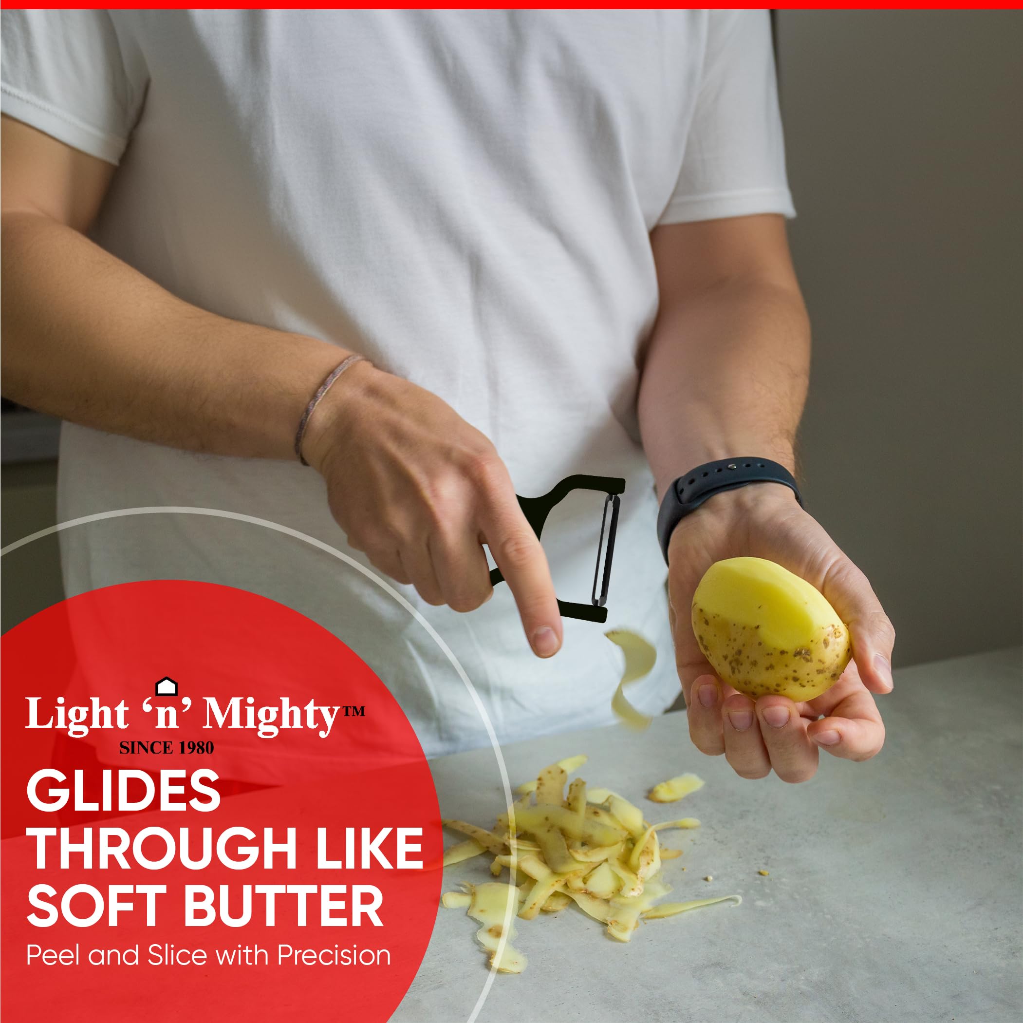 Vegetable Peeler – Handheld Potato Peeler for Kitchen – Anti-Slip Veggie Peeler – Rust Proof Carbon Steel Blade – Ergonomic and Firm Grip Vegetable Peelers for Kitchen - Black Handle Light 'n' Mighty