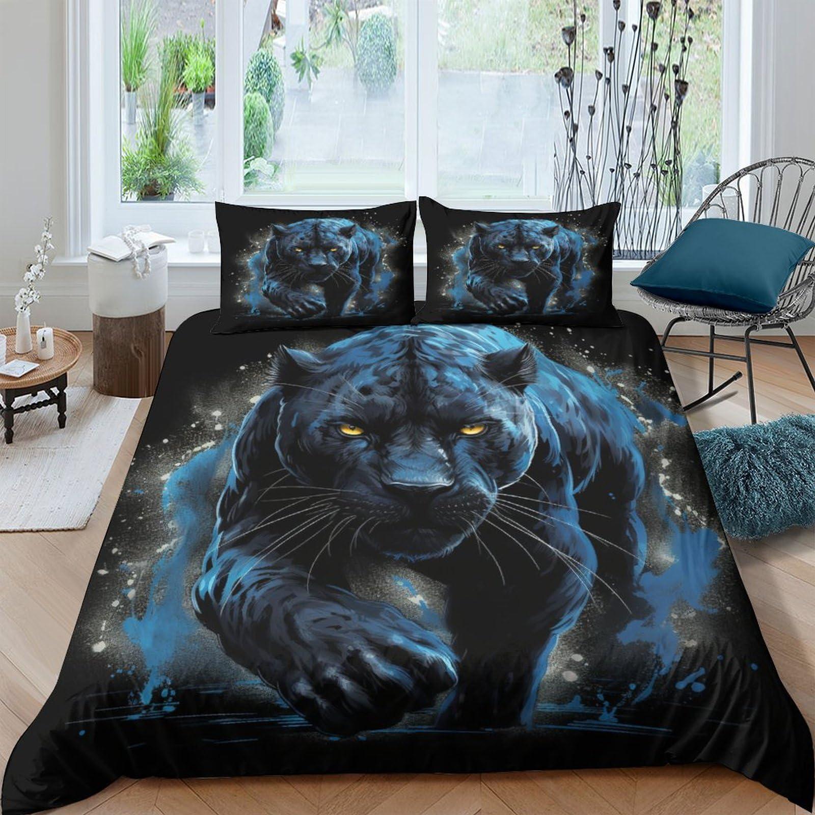 Black LeopardDuvet Cover Set 3D Printed Quilt Cover Microfiber Bedding Set Animals Ultra Soft Hypoallergenic Comforter Cover ​with Zipper Closure for Teen Adult King（220x240cm）