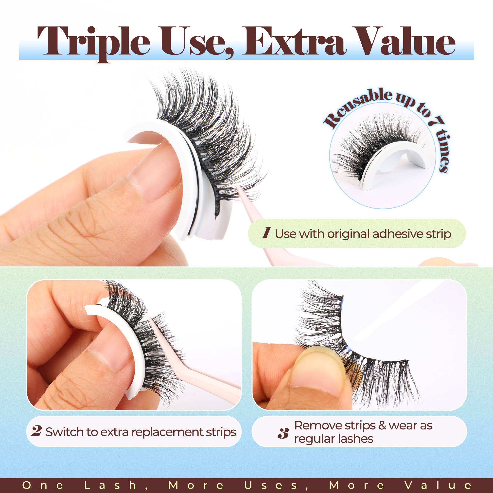 LASHVIEW Self Adhesive Eyelashes, 5 Pairs Natural Look Press On Lashes No Glue Need Eyelashes Reusable Cat Eye Wispy Self-adhesive False Lashes with Replacement Adhesive Strips (C122)
