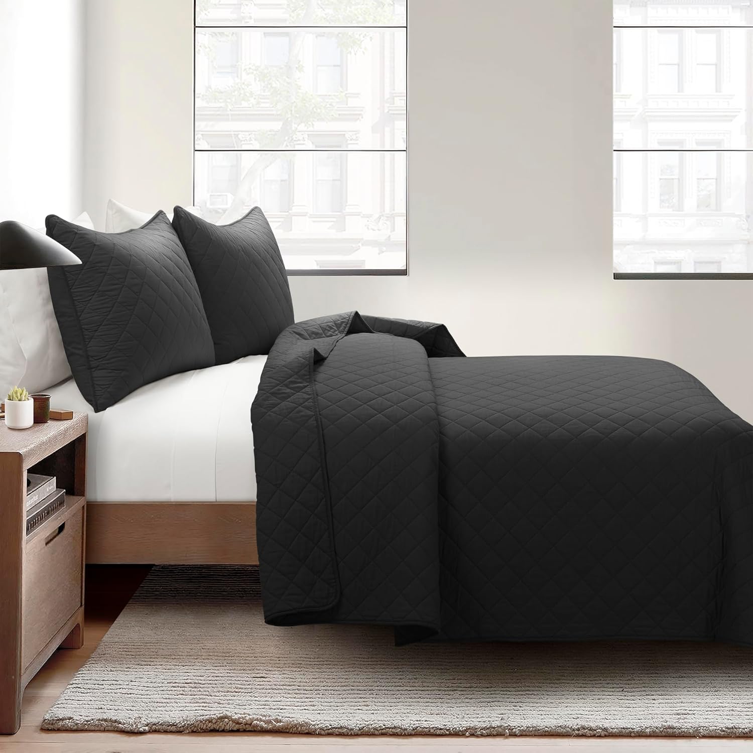 Lush Decor Ava Diamond Oversized Cotton Quilt Set, 3 Piece Set, Full/Queen, Black - Soft & Cozy Quilted Bedding Set - Queen Quilt - Black Bedspread - Traditional, Farmhouse & Minimalist Bedroom Decor