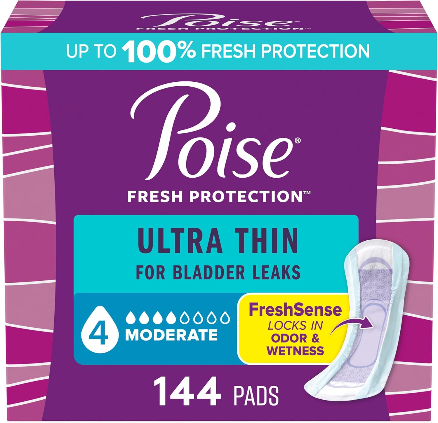 Poise Ultra Thin Incontinence Pads & Postpartum Pads for Bladder Leaks, 4 Drop Moderate Absorbency, Regular Length, 144 Count, Packaging May Vary REGULAR/NON-WINGED 144