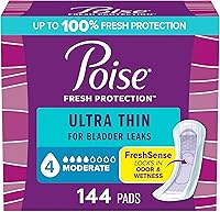 Poise Ultra Thin Incontinence Pads, 4 Drop Moderate Absorbency, Regular Length - 144 Count for Bladder Leaks & Postpartum