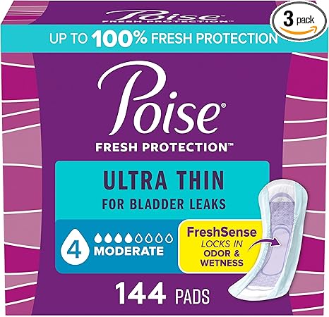 Poise Ultra Thin Incontinence Pads & Postpartum Pads for Bladder Leaks, 4 Drop Moderate Absorbency, Regular Length, 144 Count, Packaging May Vary