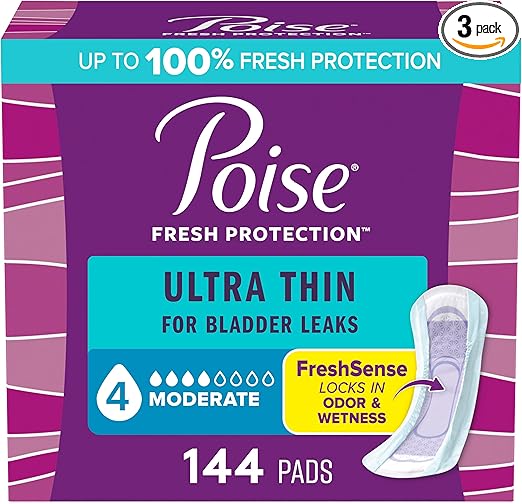 Poise Ultra Thin Incontinence Pads & Postpartum Pads for Bladder Leaks, 4 Drop Moderate Absorbency, Regular Length, 144 Count, Packaging May Vary