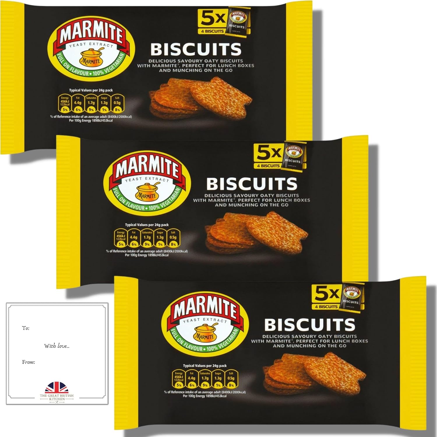 Marmite Gifts 3 x Fudges Marmite Snack Pack Biscuits 5 x 24g Each Marmite Biscuits with Gift