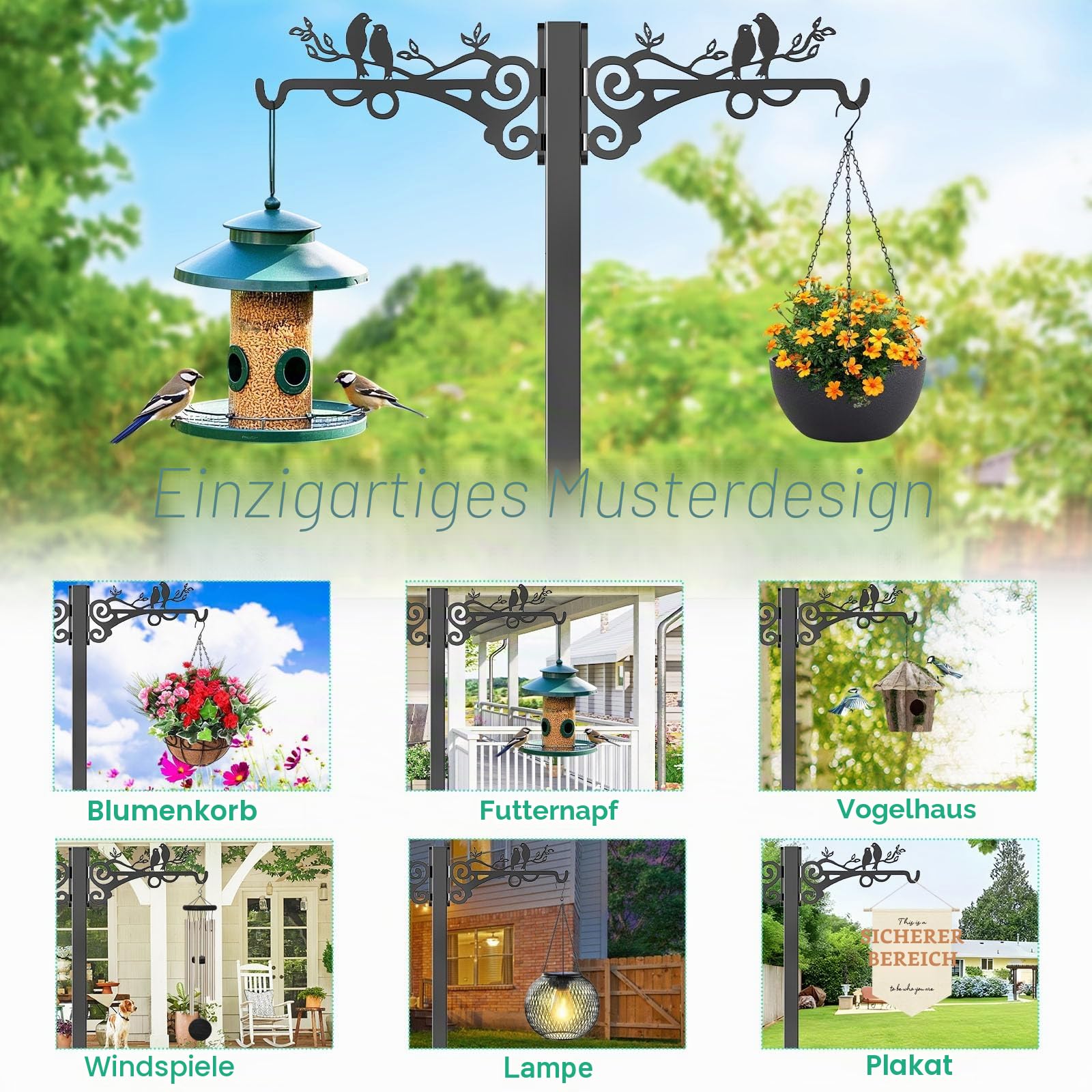 160CM Gartenschlauchhalter Freistehend mit 2 Vogelstatuen Haken | Wasserschlauchhalter Mit 5 Spikes,hält 45 m Schlauch,Abnehmbarer Schlauchständer,Schwarz Für Außenbereich Hof Rasenplatz