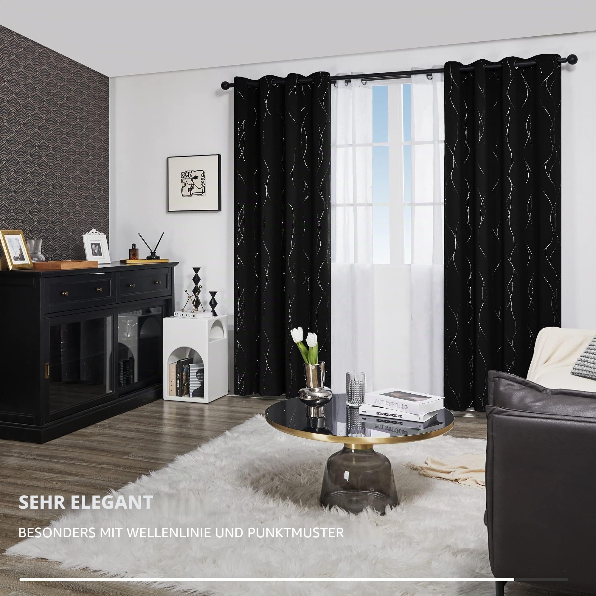 Deconovo Verdunkelungsgardinen mit Ösen Dicke Thermogardine Kälteschutz warm Hitzeschutz, Moderne Vorhänge, Wohnzimmer Gardinen mit Muster, 260x140 cm(HöhexBreite), Schwarz, 2er Set