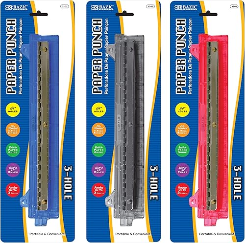 Bazic Premium agarre para papel con 3 agujeros (los colores pueden variar), PlataAzulRojo
