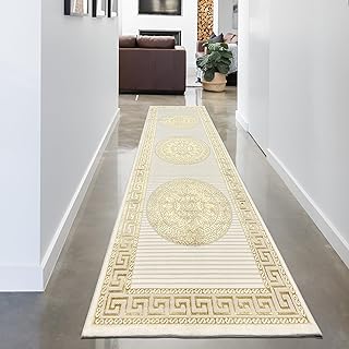 Teppich-Traum Teppich Wohnzimmer Schlafzimmer Flur Läufer lang Kurzflor orientalisch elegant Ornamente Glanzeffekt Mäander Creme Gold 100 x 300 cm