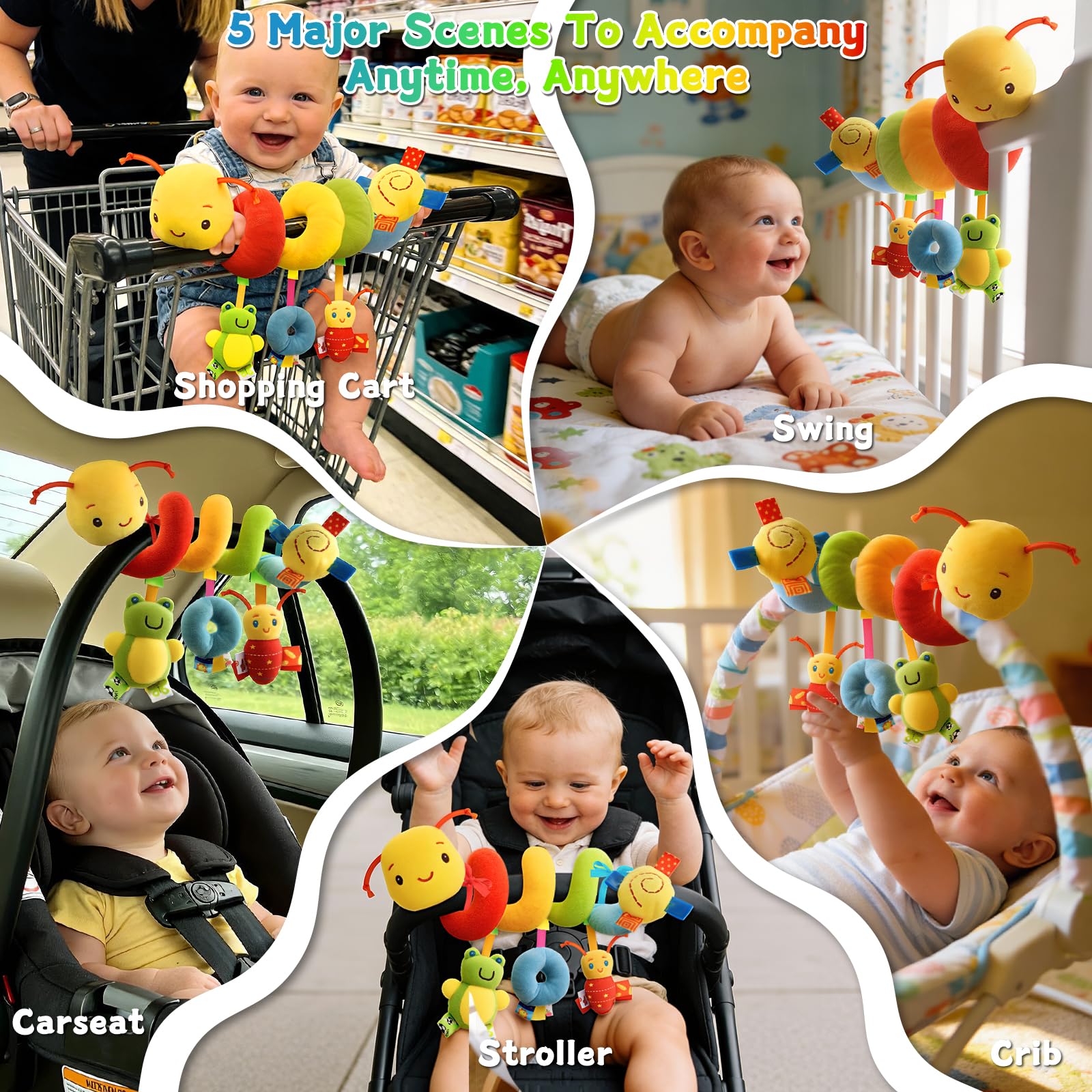 YELUFT Spiral Pram Toys for Babies - Wrap Around Pushchair Stroller Car Seat Toys for 0 3 6 9 12 Month Plush Activity Rattle Hanging Toy Sensory Gift for Newborn Infant Baby — view 5