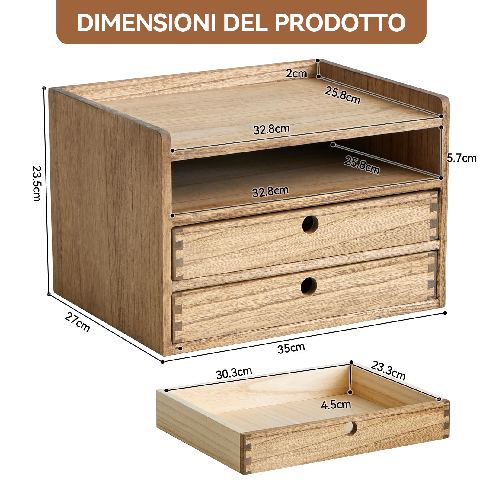 KIRIGEN Organizzatori da tavolo in legno con cassetti per la casa e l'ufficio forniture per ufficio scatola portaoggetti in legno con 2 cassetti e 1 mensola, marrone scuro