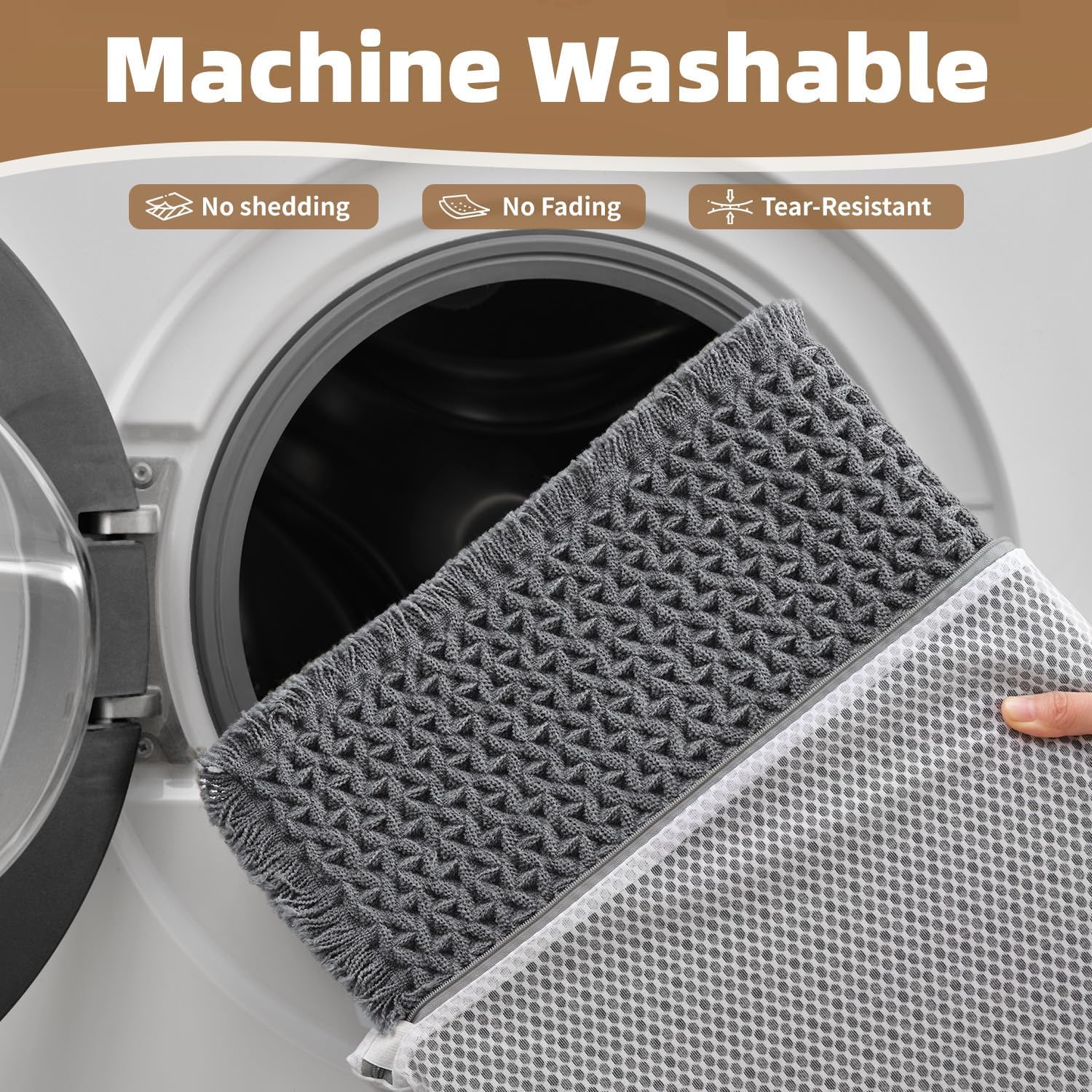 PADOOR Checkered Bath Mat, Super Absorbent Non Slip Bath Mats for Bathroom Floor 3D Woven Bathroom Mat with Tassels Machine Washable Bathroom Rugs Beside Tub, 17" x 24", Dark Grey - Image 6