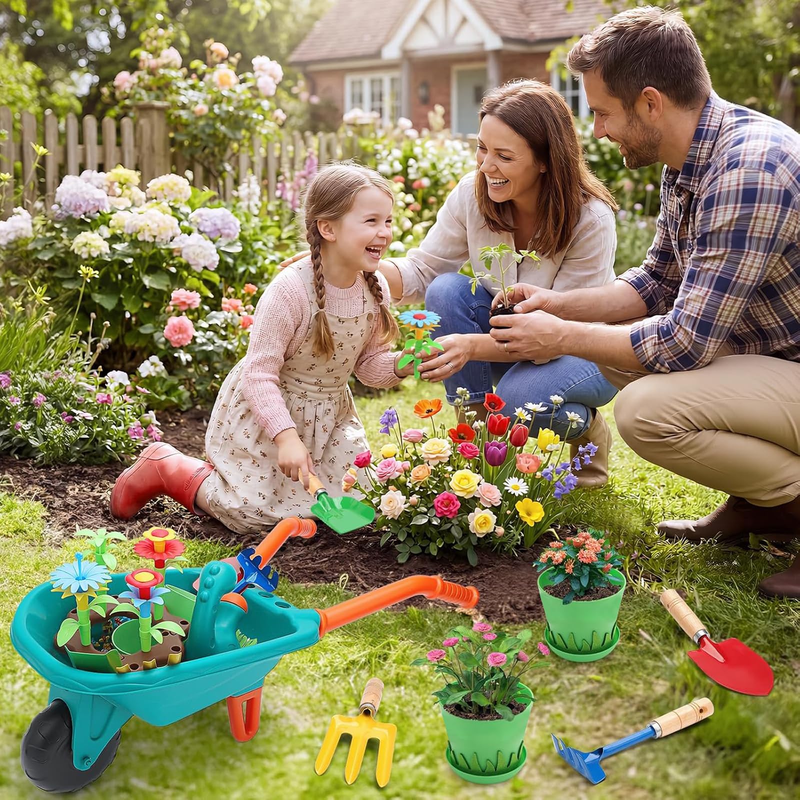 deAO Set di Attrezzi da Giardino con Carriola, Vanga, Rastrello Guanti