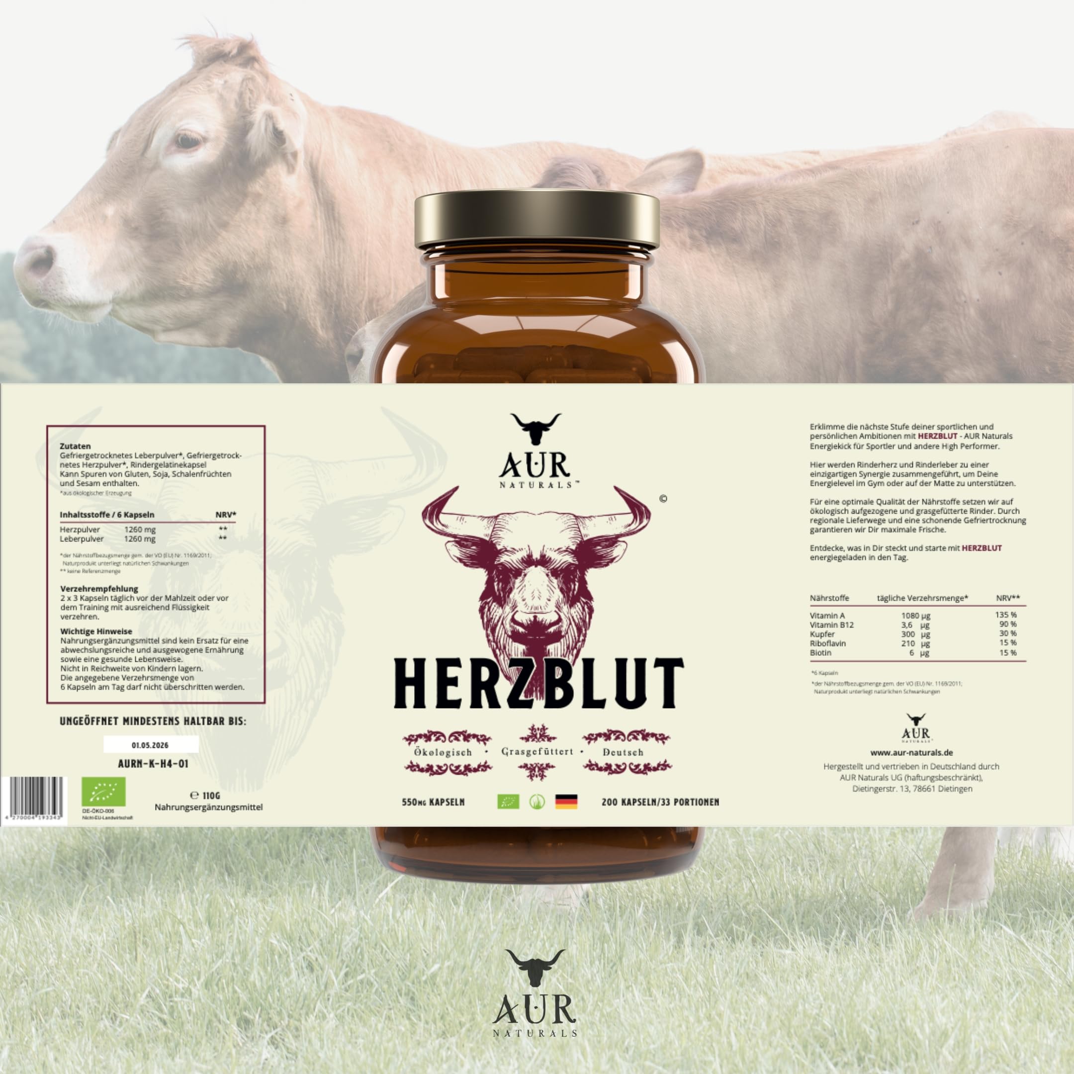 HERZSANG (200 capsules) – Forte synergie du cœur de bœuf et du foie de bœuf ; plus d'énergie et de puissance ; lyophilisé en douceur ; 100 % allemand, 100 % animal, 100 % écologique