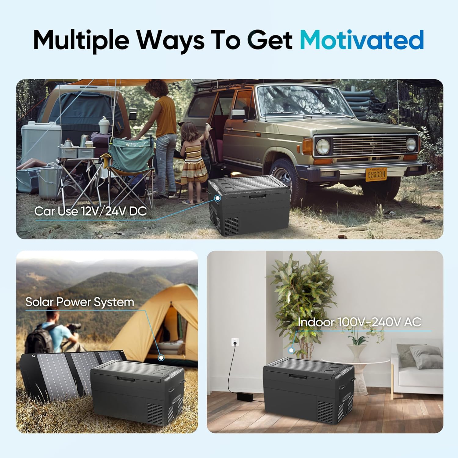 Illustration showing multiple power options for the portable refrigerator: 12V/24V DC for car use, solar power system for camping, and 100-240V AC for indoor use.