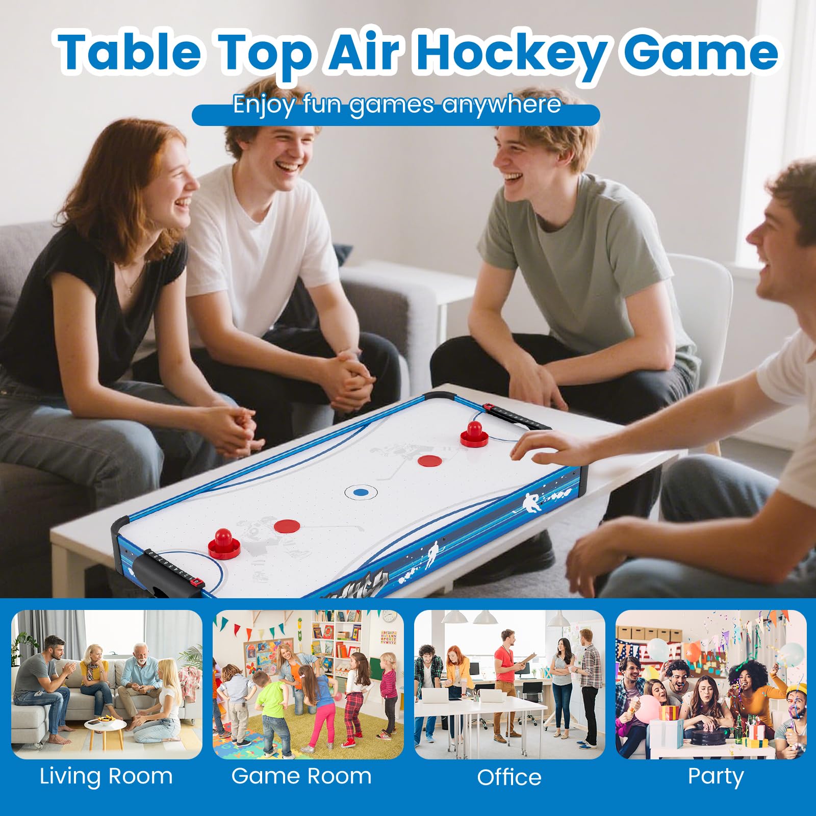 HOMASIS Tavolo da Air Hockey Elettrico, Tavolo da Gioco con Motore da 12V, Inclusi 2 Puck e 2 Slittini, Hockey da Tavolo per Bambini e Adulti, Blu+Bianco