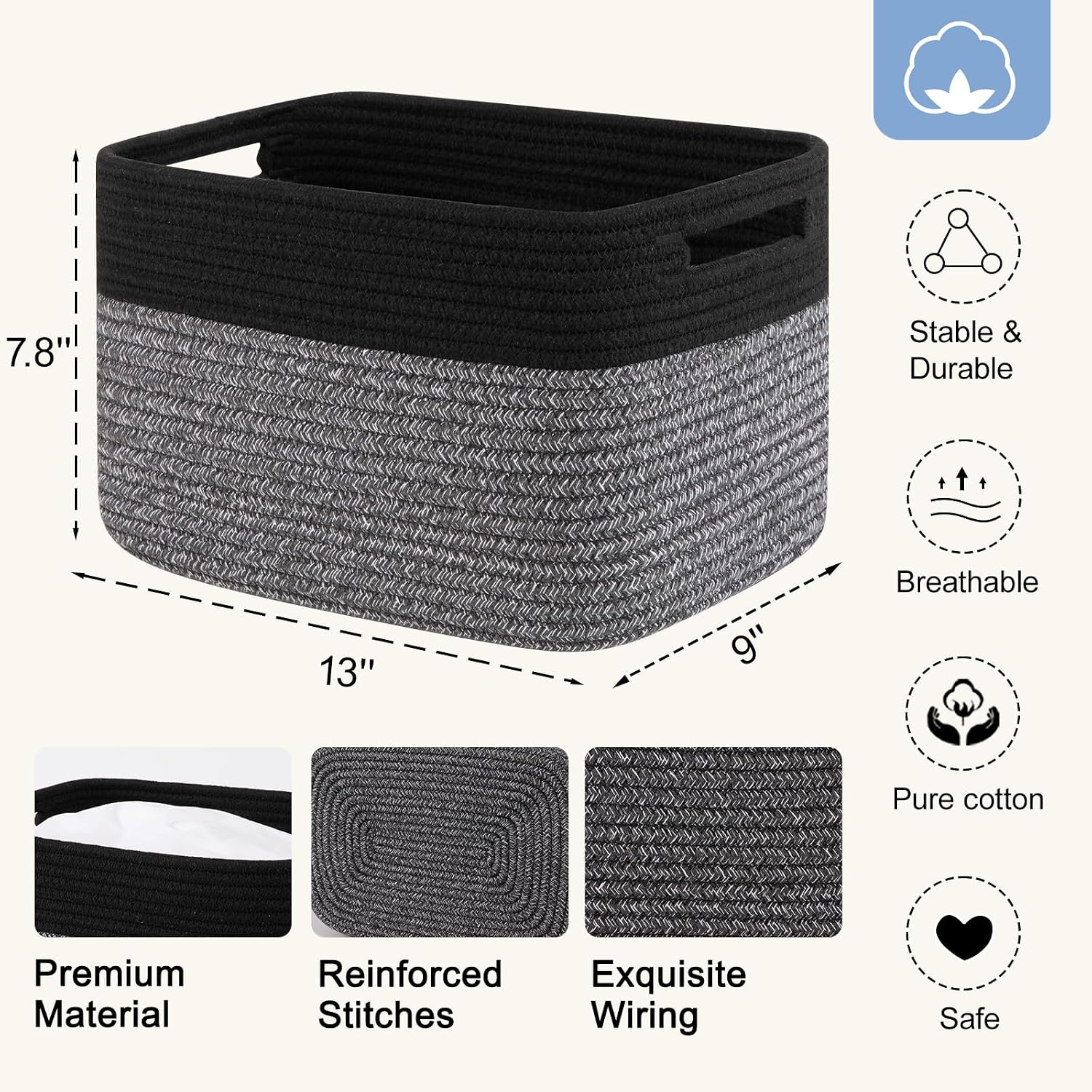 4 Pack Storage Baskets for Organizing, Woven Baskets for Shelves - Perfect for Toys, Books, Towels, and Clothes, Durable Gift Basket Bins Toy Storage, 12.7''Lx9''Wx7.8''H, Dark Grey and Black image 2