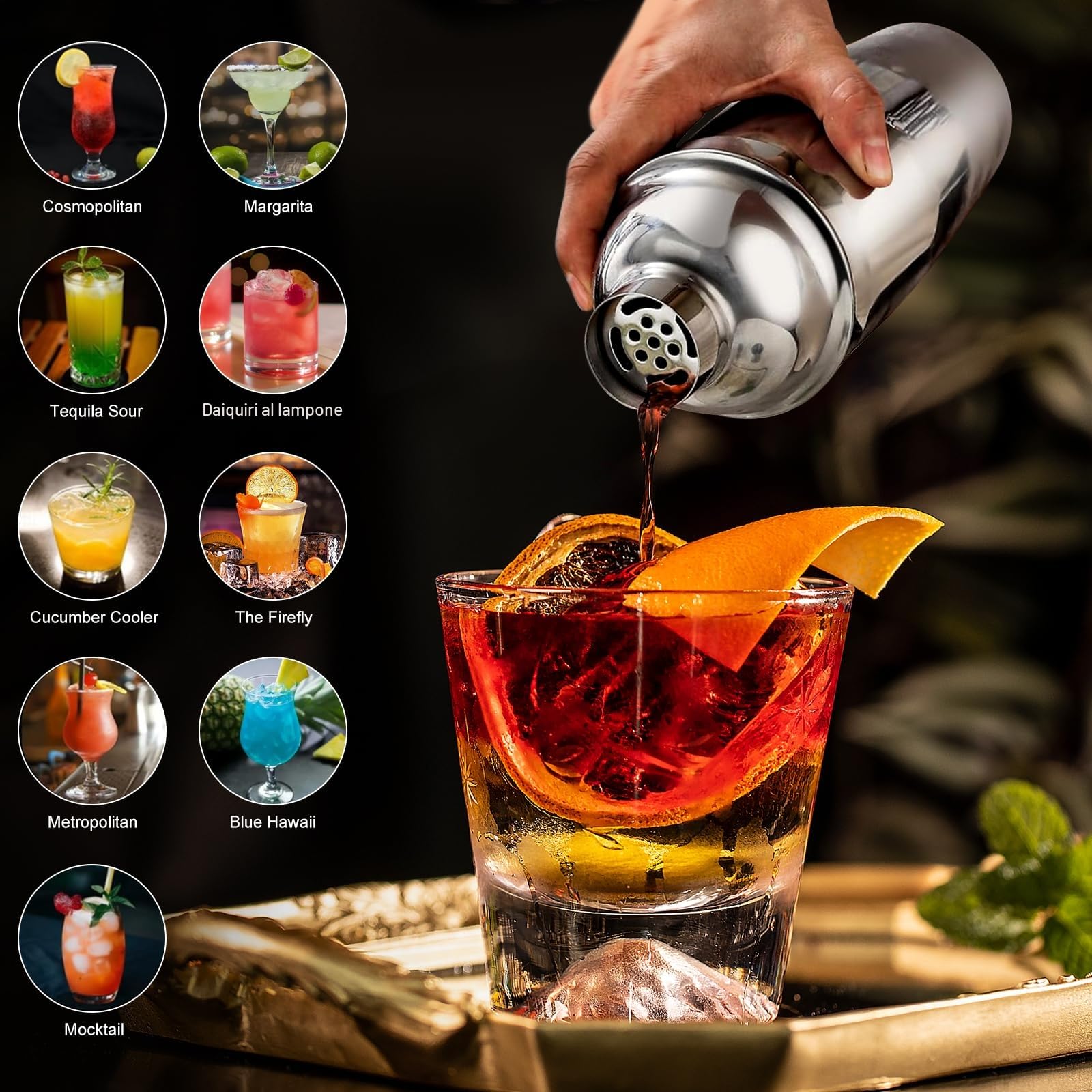 AOKITO Set Cocktail, Kit Cocktail Professionale in Acciaio Inossidabile da 12 Pezzi, Shaker da 750 ml, Kit Barman con Supporto in Legno per La Casa o il Bar