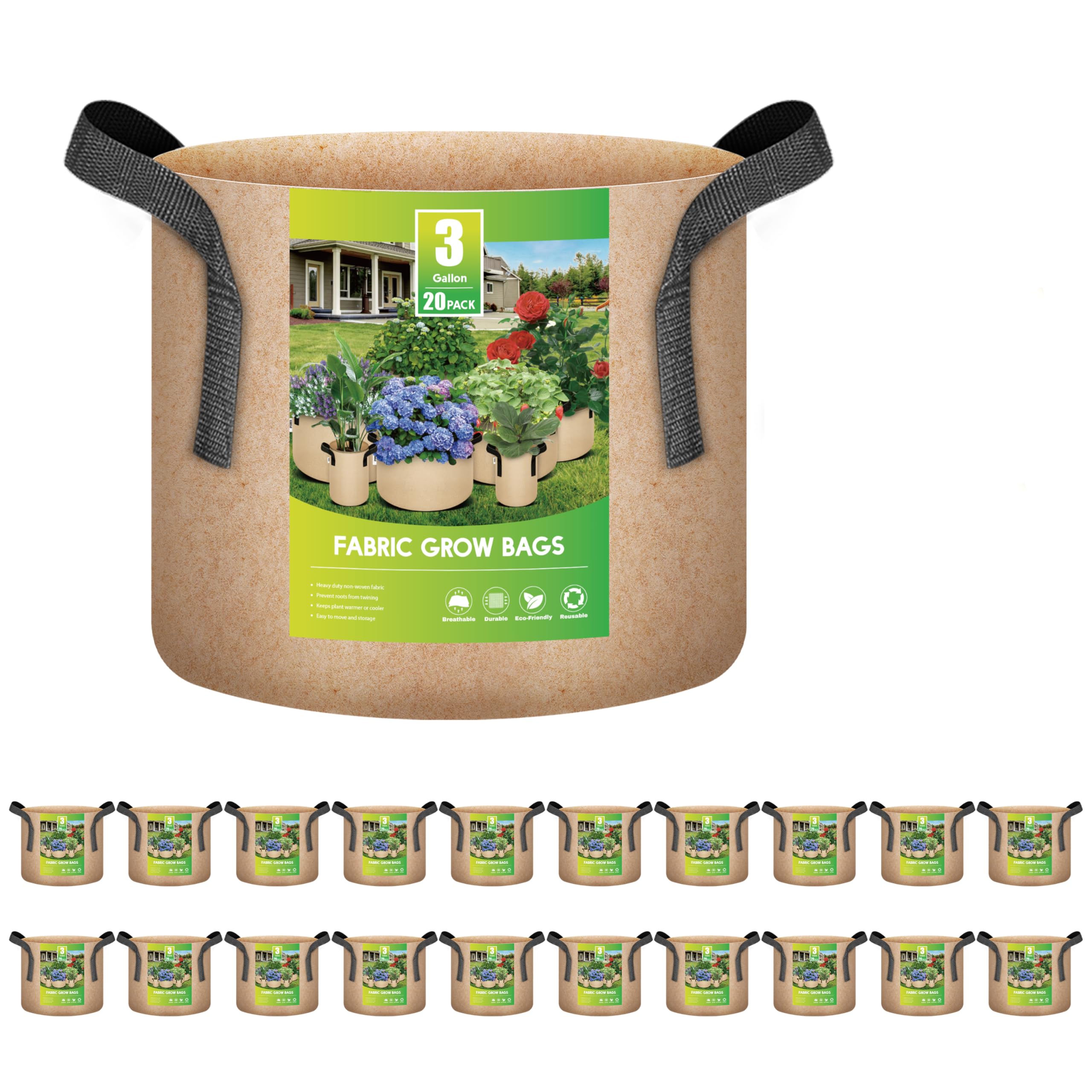 iPower Paquete de 20 Bolsas de Cultivo de 3 galones de 300 g de Grosor, macetas de Tela de aireación no Tejida, contenedores Resistentes con Asas para Plantar jardín, Color marrón
