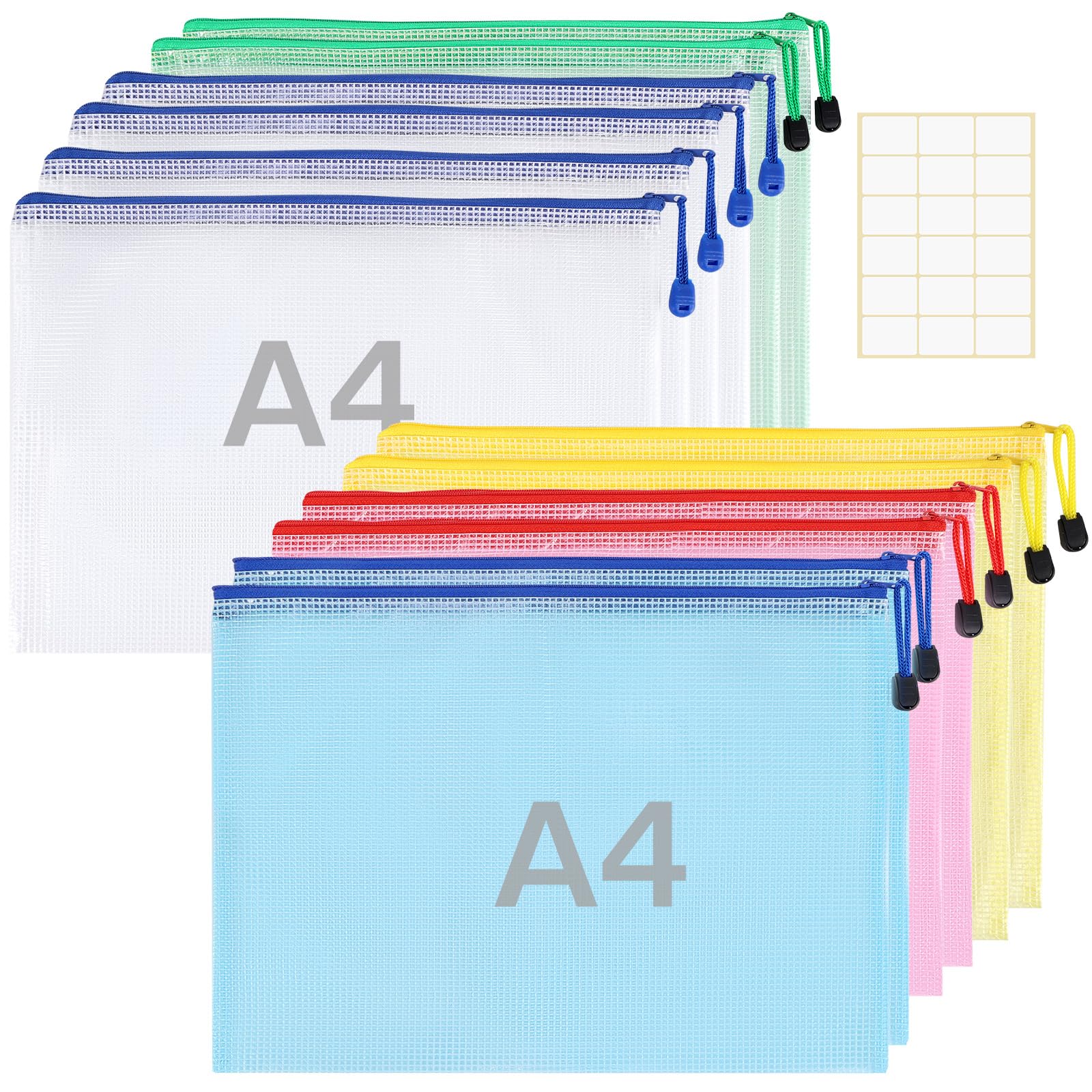 12 Stück Wasserdichte Dokumententasche A4 - Zanfqvo Dokumentenmappe A4 Mesh Kunststoff - Beutel mit Reißverschluss und Etiketten - für Datei, Papier, Reise, Schminktasche (5 Farben)